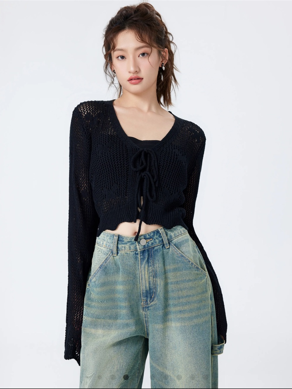 Cider Butterfly Knit Tie Front Sweater Black Cropped Top Size XS